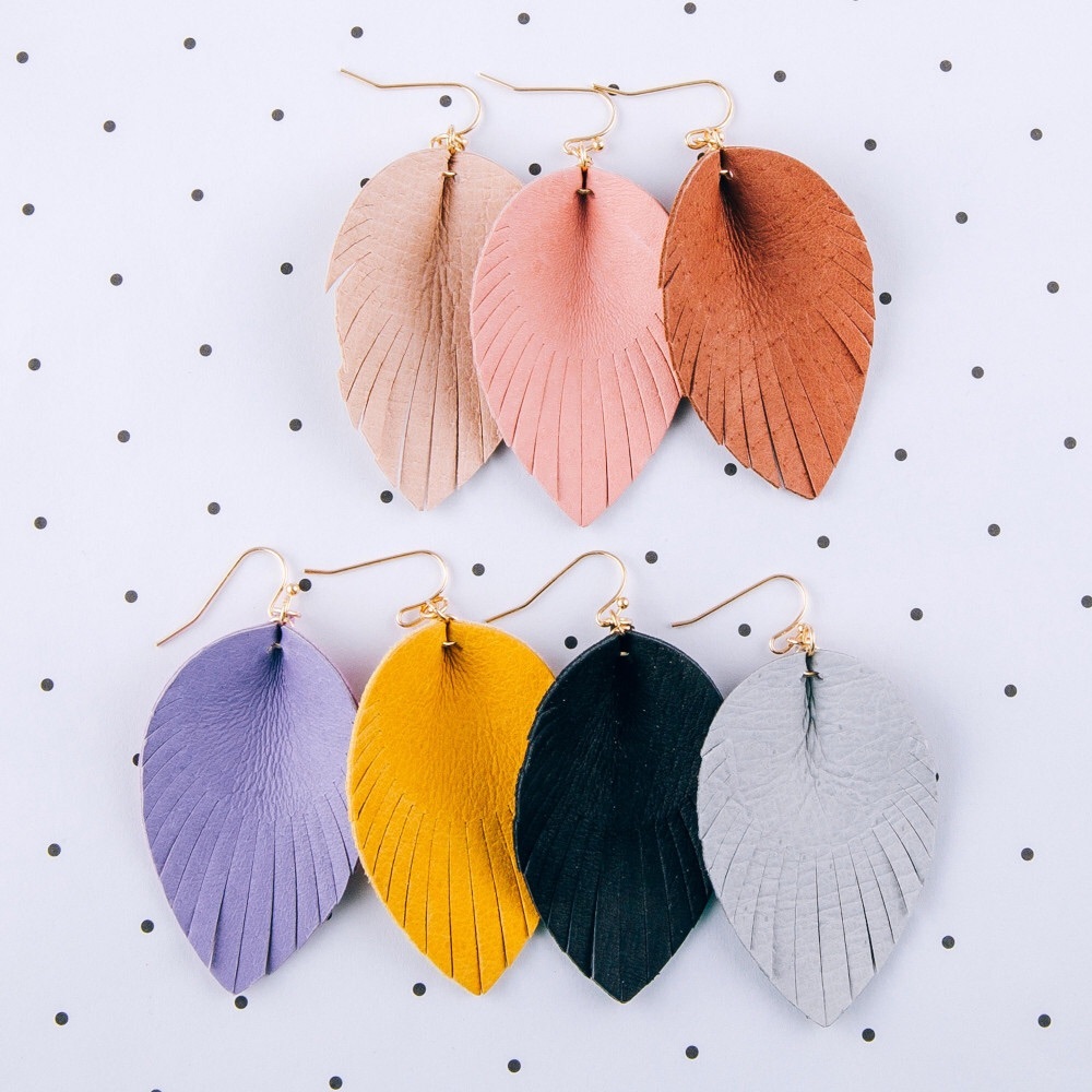 Faux Leather Pink Feather Drop Dangle Earrings - Picture 2 of 4